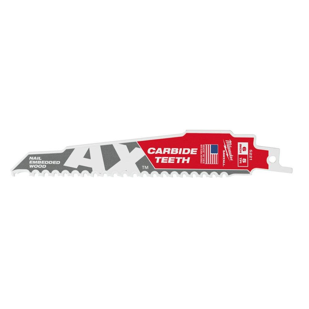 Outil Milwaukee, MILWAUKEE 6" 5 TPI SAWZALL® The AX™ w/ Carbide Teeth Wood Blade (5 PACK)