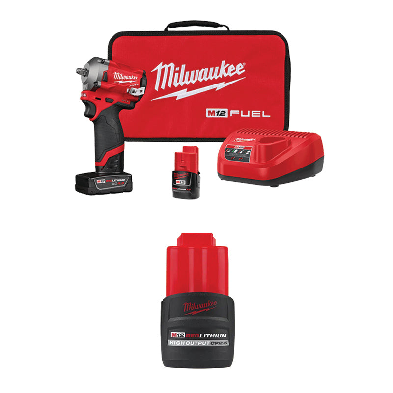 Outil Milwaukee, MILWAUKEE M12 FUEL™ 3/8" Stubby Impact Wrench Kit & FREE M12™ REDLITHIUM™ HIGH OUTPUT™ CP2.5 Battery