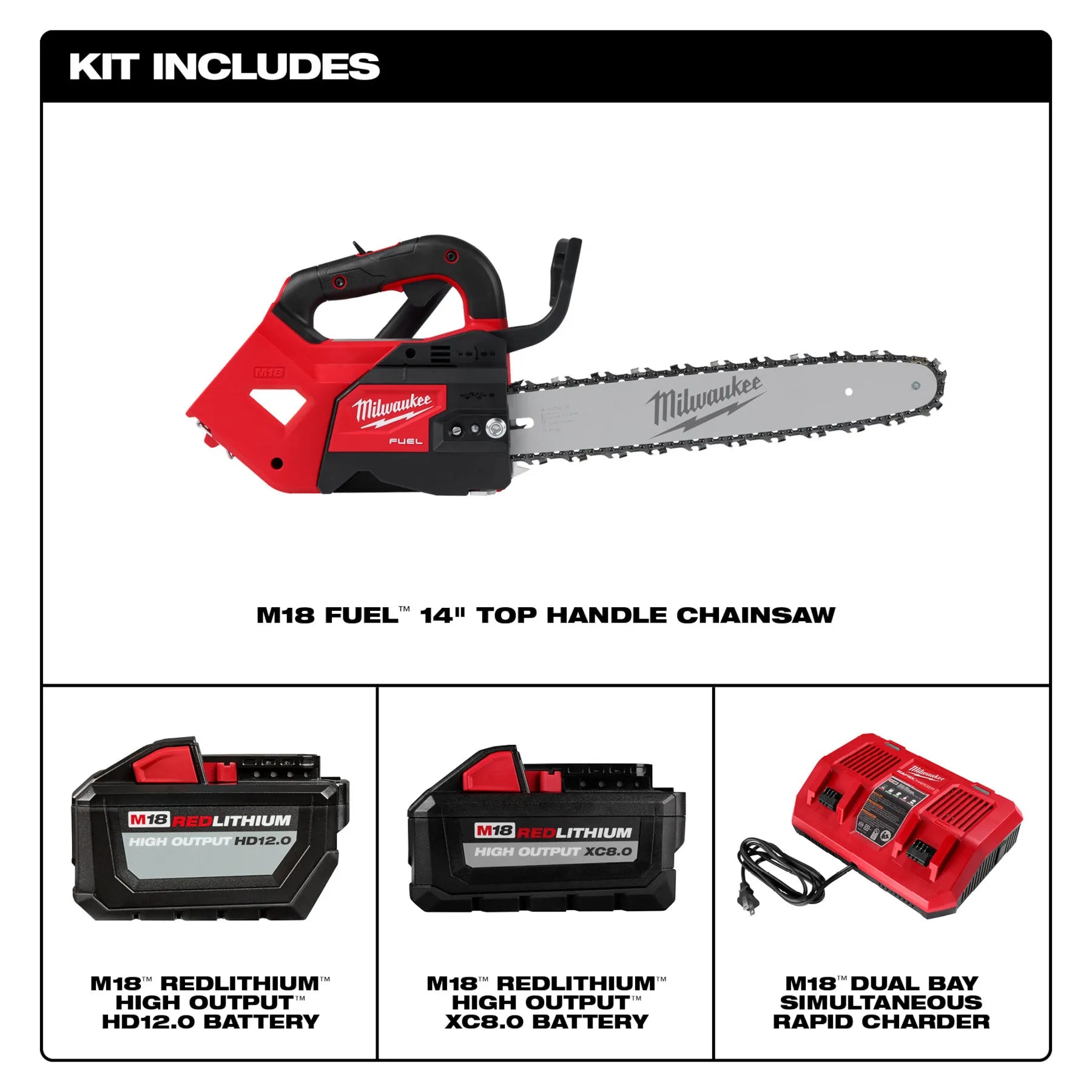 Milwaukee Tool, MILWAUKEE M18 FUEL™ 14" Tronçonneuse à poignée supérieure 2 Kit de batterie